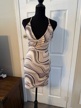 Princess Polly Taupe & Cream Swirl Halter Mini Dress